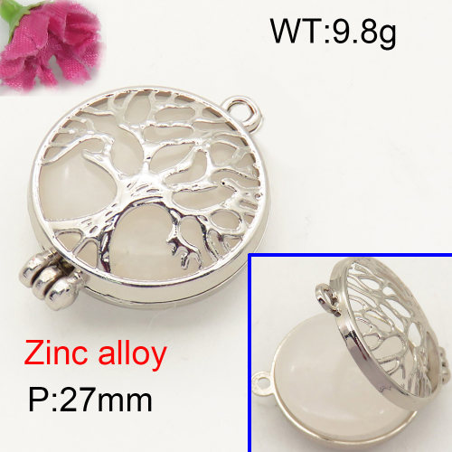 Alloy White Jade Locket Pendants,Flat Round,Hollow,Tree,Platinum plating,27mm,Hole:2.5mm,about 9.8 g/pc,1 pc/package,F3P400014vbnb-Y008