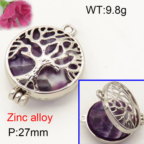 Alloy Amethyst Locket Pendants,Flat Round,Hollow,Tree,Platinum plating,27mm,Hole:2.5mm,about 9.8 g/pc,1 pc/package,F3P400015vbnb-Y008