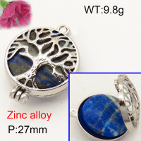 Alloy Lapis Lazuli Locket Pendants,Flat Round,Hollow,Tree,Platinum plating,27mm,Hole:2.5mm,about 9.8 g/pc,1 pc/package,F3P400017vbnb-Y008