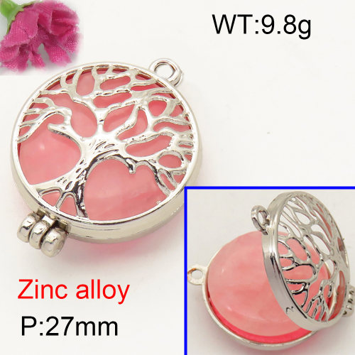 Alloy Rose Quartz Locket Pendants,Flat Round,Hollow,Tree,Platinum plating,27mm,Hole:2.5mm,about 9.8 g/pc,1 pc/package,F3P400018vbnb-Y008