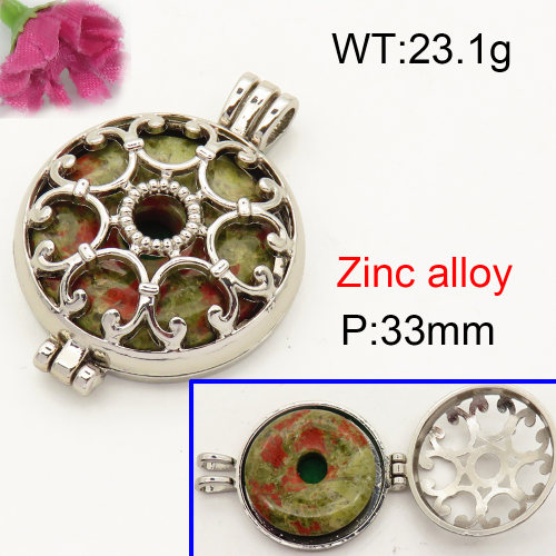 Alloy Flower green Locket Pendants,Flat Round,Hollow,Platinum plating,33mm,Hole:4x6mm,about 23.1 g/pc,1 pc/package,F3P400020bbov-Y008