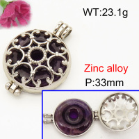 Alloy Amethyst Locket Pendants,Flat Round,Hollow,Platinum plating,33mm,Hole:4x6mm,about 23.1 g/pc,1 pc/package,F3P400022bbov-Y008