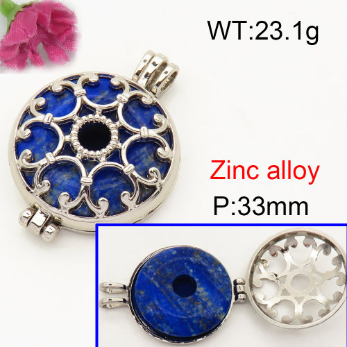 Alloy Lapis Lazuli Locket Pendants,Flat Round,Hollow,Platinum plating,33mm,Hole:4x6mm,about 23.1 g/pc,1 pc/package,F3P400023bbov-Y008