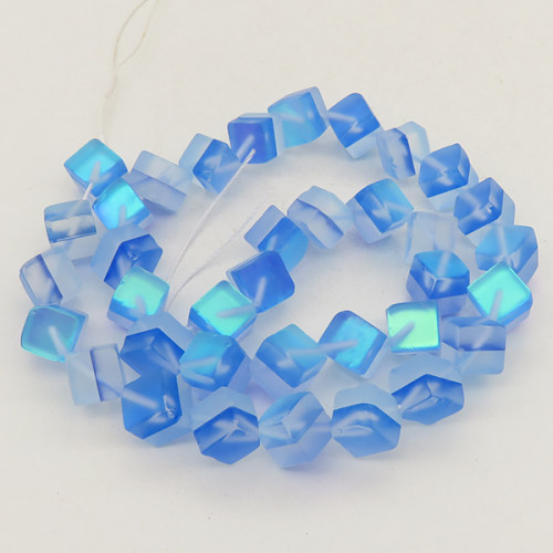Painted Glass Beads,Cube,Frosted,Sea Blue,6mm,Hole:0.8mm,about 37pcs/strand,about 40g/strand,5 strands/package,15"(38cm),XBG00019bhva-L001