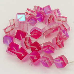 Painted Glass Beads,Cube,Frosted,Red,6mm,Hole:0.8mm,about 37pcs/strand,about 40g/strand,5 strands/package,15"(38cm),XBG00022bhva-L001