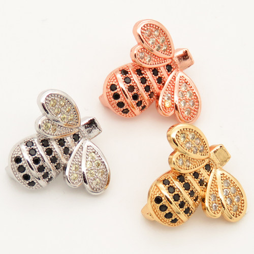 Brass Micro Pave Cubic Zirconia Slide Charms,Bee,Random mixed color,17x14mm,Hole:2x10mm,about 2 g/pc,5 pcs/package,XFB00014aajl-L002
