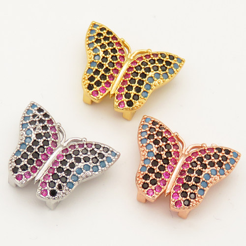 Brass Micro Pave Cubic Zirconia Turquoise Slide Charms,Butterfly,Random mixed color,18x15mm,Hole:2x10mm,about 2 g/pc,5 pcs/package,XFB00044vbmb-L002