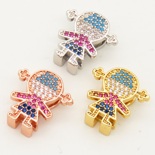 Brass Micro Pave Cubic Zirconia Turquoise Slide Charms,Gril,Random mixed color,15x15mm,Hole:2x10mm,about 2 g/pc,5 pcs/package,XFB00104aakl-L002