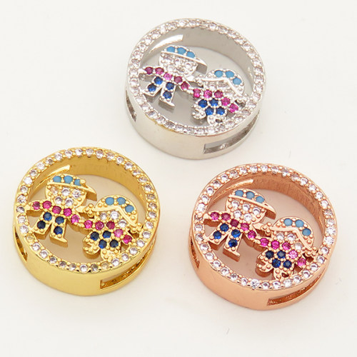 Brass Micro Pave Cubic Zirconia Turquoise Slide Charms,Flat Round,Boy and Gril,Random mixed color,15mm,Hole:2x10mm,about 2 g/pc,5 pcs/package,XFB00114aakl-L002