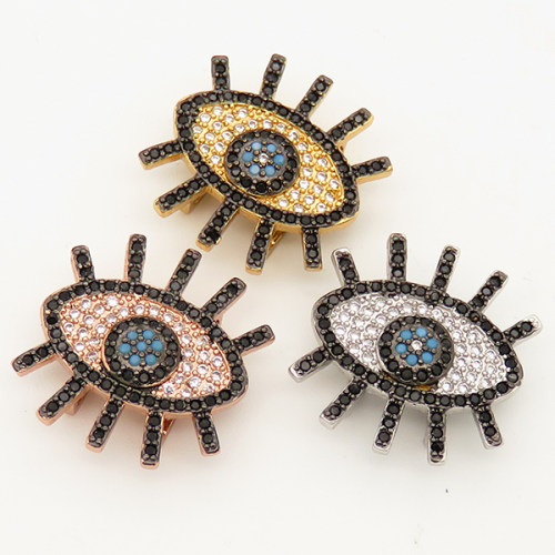 Brass Micro Pave Cubic Zirconia Turquoise Slide Charms,Devil's Eye,Random mixed color,18x19mm,Hole:2x10mm,about 2 g/pc,5 pcs/package,XFB00119vbnb-L002