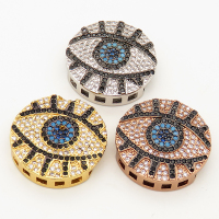 Brass Micro Pave Cubic Zirconia Turquoise Slide Charms,Flat Round,Devil's Eye,Random mixed color,21mm,Hole:2x10mm,about 5 g/pc,5 pcs/package,XFB00142ablb-L002
