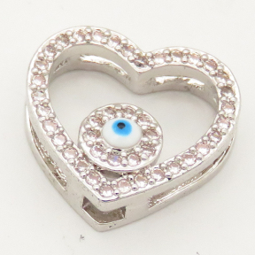Brass Micro Pave Cubic Zirconia Enamel Slide Charms,Heart,Devil's Eye,Random mixed color,17x15mm,Hole:2x10mm,about 2 g/pc,5 pcs/package,XFB00152baka-L002