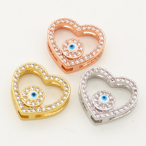 Brass Micro Pave Cubic Zirconia Enamel Slide Charms,Heart,Devil's Eye,Random mixed color,17x15mm,Hole:2x10mm,about 2 g/pc,5 pcs/package,XFB00152baka-L002