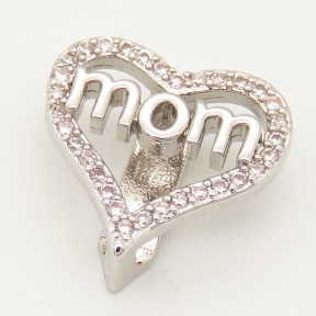 Brass Micro Pave Cubic Zirconia Slide Charms,Heart,Mom,Random mixed color,15x15mm,Hole:2x10mm,about 2 g/pc,5 pcs/package,XFB00162aajl-L002