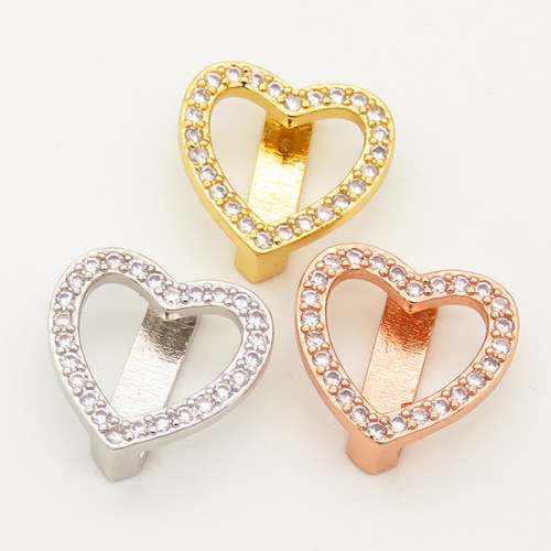 Brass Micro Pave Cubic Zirconia Slide Charms,Heart,Random mixed color,15x15mm,Hole:2x10mm,about 2 g/pc,5 pcs/package,XFB00167avja-L002