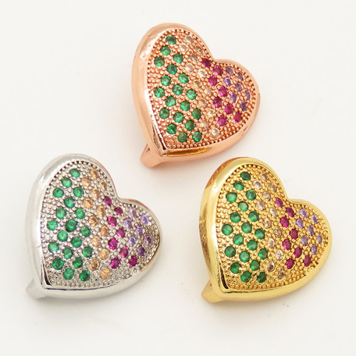 Brass Micro Pave Cubic Zirconia Slide Charms,Heart,Random mixed color,15x15mm,Hole:2x10mm,about 2 g/pc,5 pcs/package,XFB00177aakl-L002