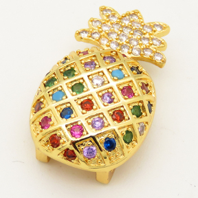 Brass Micro Pave Cubic Zirconia Slide Charms,Pineapple,Random mixed color,14x23mm,Hole:2x10mm,about 3 g/pc,5 pcs/package,XFB00187aakl-L002