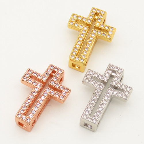 Brass Micro Pave Cubic Zirconia Slide Charms,Cross,Random mixed color,14x19mm,Hole:2x10mm,about 2 g/pc,5 pcs/package,XFB00192baka-L002
