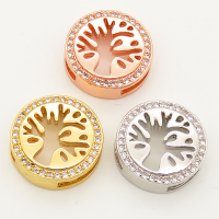 Brass Micro Pave Cubic Zirconia Slide Charms,Flat Round,Tree,Random mixed color,16mm,Hole:2x10mm,about 2 g/pc,5 pcs/package,XFB00211avja-L002