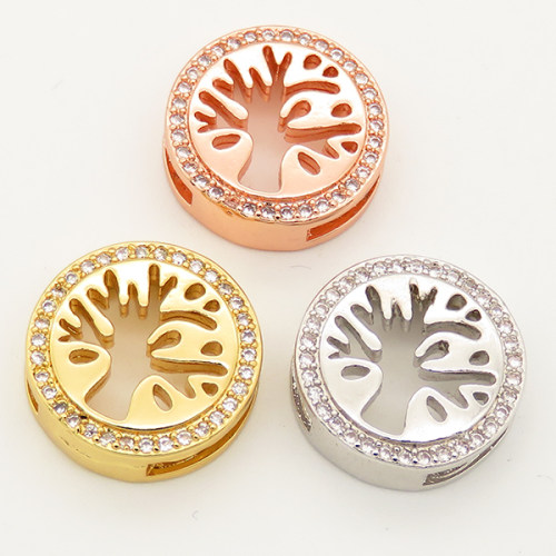 Brass Micro Pave Cubic Zirconia Slide Charms,Flat Round,Tree,Random mixed color,16mm,Hole:2x10mm,about 2 g/pc,5 pcs/package,XFB00211avja-L002
