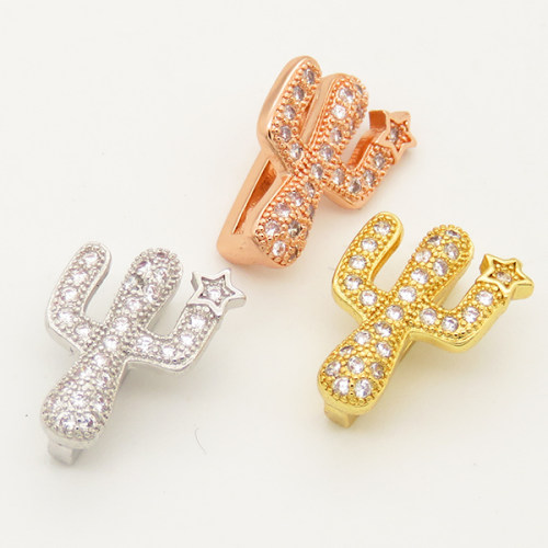 Brass Micro Pave Cubic Zirconia Slide Charms,Cactus,Random mixed color,10x14mm,Hole:2x10mm,about 1 g/pc,5 pcs/package,XFB00224aajl-L002