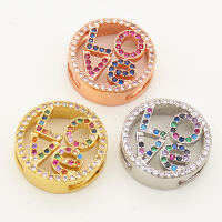 Brass Micro Pave Cubic Zirconia Slide Charms,Falt Round,Love,Random mixed color,15mm,Hole:2x10mm,about 2 g/pc,5 pcs/package,XFB00229aakl-L002