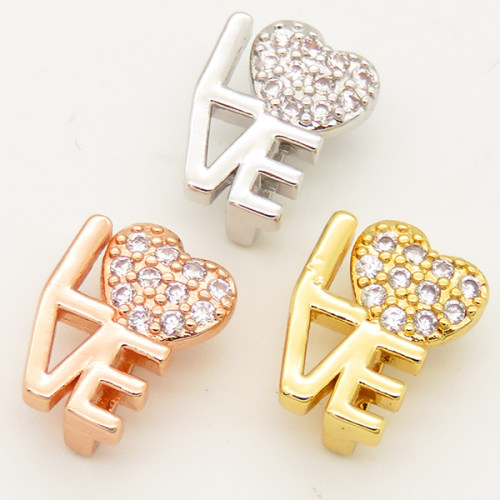Brass Micro Pave Cubic Zirconia Slide Charms,Heart,Love,Random mixed color,10x13mm,Hole:2x10mm,about 1 g/pc,5 pcs/package,XFB00239avja-L002