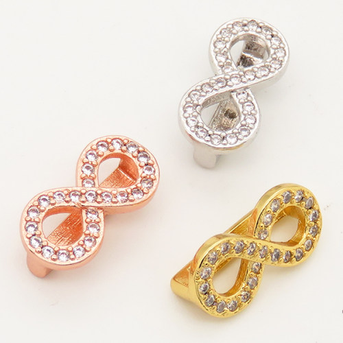 Brass Micro Pave Cubic Zirconia Slide Charms,Infinity,Random mixed color,14x8mm,Hole:2x10mm,about 1 g/pc,5 pcs/package,XFB00249vail-L002