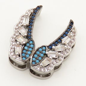 Brass Micro Pave Cubic Zirconia Turquoise Slide Charms,Wings,Random mixed color,19x21mm,Hole:2x10mm,about 3 g/pc,5 pcs/package,XFB00269vbnb-L002