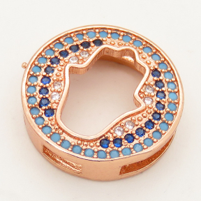 Brass Micro Pave Cubic Zirconia Turquoise Slide Charms,Flat Round,Palm,Random mixed color,16mm,Hole:2x10mm,about 2 g/pc,5 pcs/package,XFB00274ablb-L002