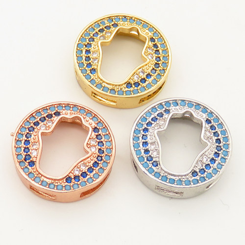 Brass Micro Pave Cubic Zirconia Turquoise Slide Charms,Flat Round,Palm,Random mixed color,16mm,Hole:2x10mm,about 2 g/pc,5 pcs/package,XFB00274ablb-L002