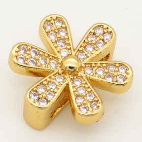 Brass Micro Pave Cubic Zirconia Slide Charms,Flower,Random mixed color,15mm,Hole:2x10mm,about 2 g/pc,5 pcs/package,XFB00284avja-L002