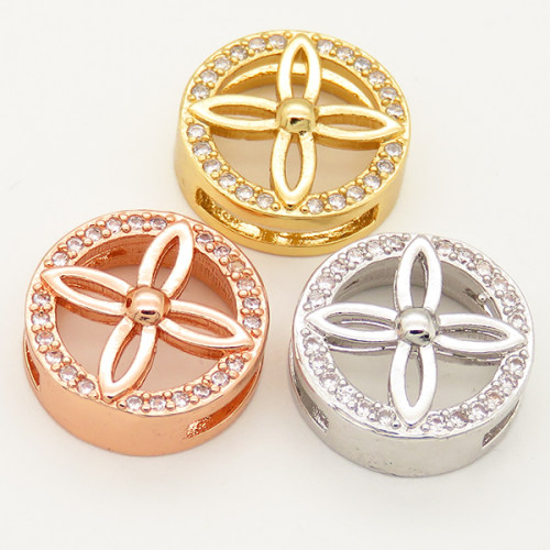 Brass Micro Pave Cubic Zirconia Slide Charms,Flat Round,Flower,Random mixed color,15mm,Hole:2x10mm,about 2 g/pc,5 pcs/package,XFB00289avja-L002