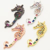Brass Micro Pave Cubic Zirconia Links Connectors,Seahorse,Random mixed color,28x14mm,Hole:2mm,about 2.5 g/pc,5 pcs/package,XFCO00006ablb-L002