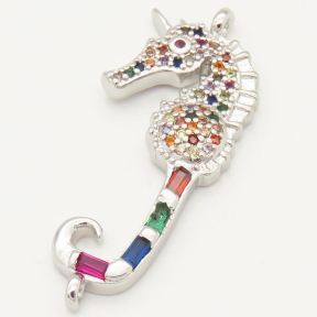 Brass Micro Pave Cubic Zirconia Links Connectors,Seahorse,Random mixed color,28x14mm,Hole:2mm,about 2.5 g/pc,5 pcs/package,XFCO00006ablb-L002