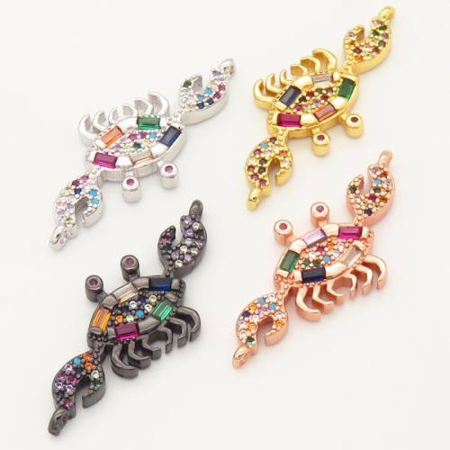 Brass Micro Pave Cubic Zirconia Links Connectors,Crab,Random mixed color,14x28mm,Hole:2mm,about 2.5 g/pc,5 pcs/package,XFCO00011ablb-L002