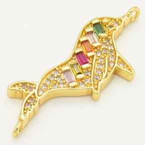 Brass Micro Pave Cubic Zirconia Links Connectors,Dolphin,Random mixed color,28x14mm,Hole:2mm,about 2.5 g/pc,5 pcs/package,XFCO00021ablb-L002
