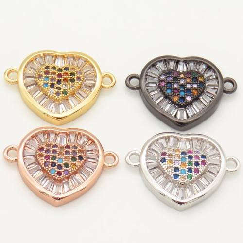 Brass Micro Pave Cubic Zirconia Links Connectors,Heart,Random mixed color,W:15mm,Hole:2mm,about 2 g/pc,5 pcs/package,XFCO00049aakl-L002