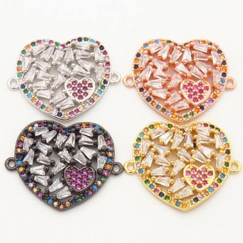Brass Micro Pave Cubic Zirconia Links Connectors,Heart,Random mixed color,W:20mm,Hole:2mm,about 2.5 g/pc,5 pcs/package,XFCO00054vbll-L002