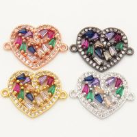 Brass Micro Pave Cubic Zirconia Links Connectors,Heart,Random mixed color,15x17mm,Hole:2mm,about 1.5 g/pc,5 pcs/package,XFCO00059ablb-L002