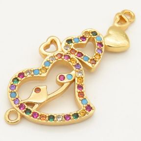 Brass Micro Pave Cubic Zirconia Links Connectors,Three Hearts,Random mixed color,16x28mm,Hole:2mm,about 2 g/pc,5 pcs/package,XFCO00074aakl-L002