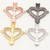 Brass Micro Pave Cubic Zirconia Links Connectors,Arrow,Heart,Random mixed color,26x22mm,Hole:2mm,about 3 g/pc,5 pcs/package,XFCO00079aakl-L002