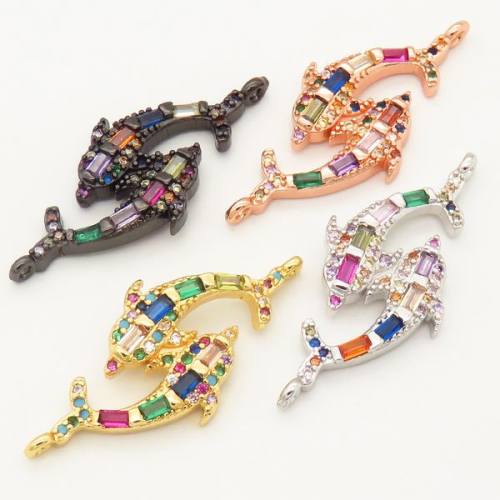 Brass Micro Pave Cubic Zirconia Links Connectors,Dolphin,Random mixed color,27x15mm,Hole:2mm,about 2 g/pc,5 pcs/package,XFCO00089ablb-L002