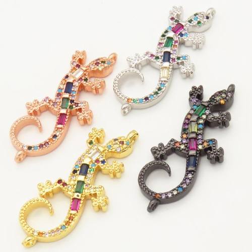 Brass Micro Pave Cubic Zirconia Links Connectors,Gecko,Random mixed color,30x15mm,Hole:2mm,about 2.5 g/pc,5 pcs/package,XFCO00094ablb-L002