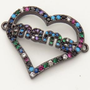 Brass Micro Pave Cubic Zirconia Links Connectors,Heart Mama,Random mixed color,22x24mm,Hole:2mm,about 2.5 g/pc,5 pcs/package,XFCO00109vbmb-L002
