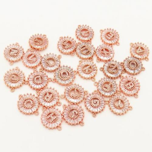 Brass Micro Pave Cubic Zirconia Links Connectors,Flat Round Alphabet A,Rose Golden,D:16mm,Hole:2mm,about 2.5 g/pc,5 pcs/package,XFCO00116avja-L002