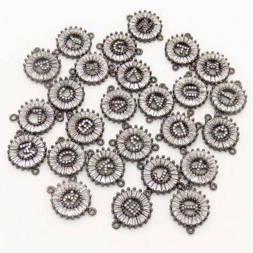 Brass Micro Pave Cubic Zirconia Links Connectors,Flat Round Alphabet A,Black,D:16mm,Hole:2mm,about 2.5 g/pc,5 pcs/package,XFCO00118avja-L002