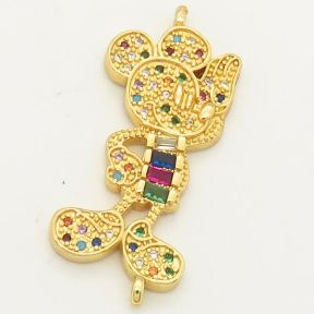 Brass Micro Pave Cubic Zirconia Links Connectors,Mickey Mouse,Random mixed color,30x15mm,Hole:2mm,about 4 g/pc,5 pcs/package,XFCO00122ablb-L002