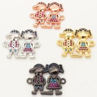 Brass Micro Pave Cubic Zirconia Turquoise Links Connectors,Boy and Girl,Random mixed color,16x18mm,Hole:2mm,about 2 g/pc,5 pcs/package,XFCO00142aakl-L002