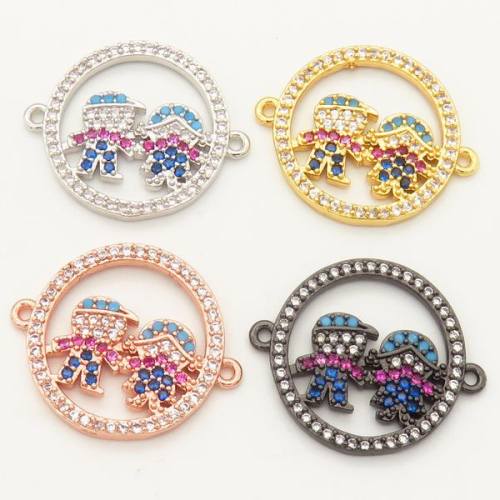 Brass Micro Pave Cubic Zirconia Turquoise Links Connectors,Boy and Girl,Random mixed color,D:18mm,Hole:2mm,about 1.5 g/pc,5 pcs/package,XFCO00147aakl-L002